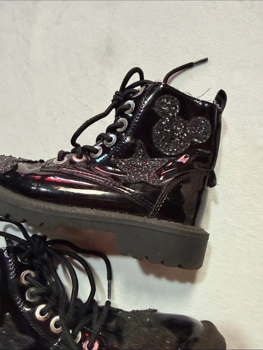 Zara Kids Disney Mickey Mouse Black Patent Combat Boots with Glitter Appliqué